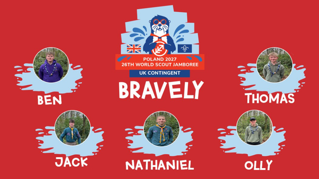 Graphic promoting the Poland 2027 World Scout Jamboree (UK Contingent) with the theme “Bravely”, featuring five Scouts from South Ribble — Ben, Thomas, Jack, Nathaniel and Olly — shown in circular portrait photos against a red background with the event logo at the top.