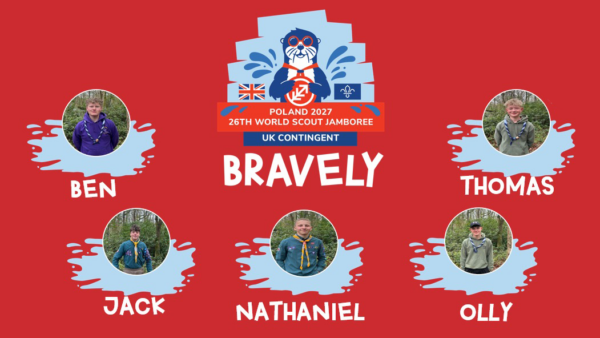 Graphic promoting the Poland 2027 World Scout Jamboree (UK Contingent) with the theme “Bravely”, featuring five Scouts from South Ribble — Ben, Thomas, Jack, Nathaniel and Olly — shown in circular portrait photos against a red background with the event logo at the top.